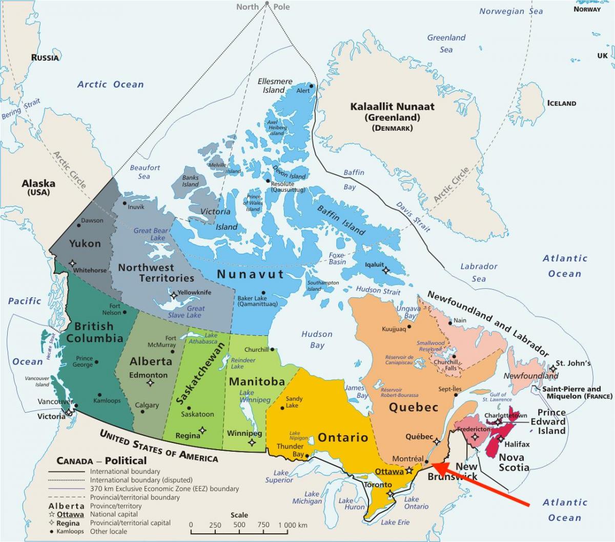 Montreal su Quebec - Mappa del Canada